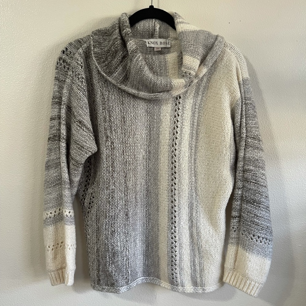 3/$25 knox rose cowl neck turtleneck oversized gray cream striped knit sweater